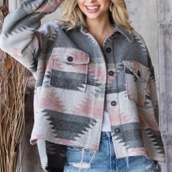 La Miel Aztec Print Boxy Raw Hem Jacket - Picture 5 of 8